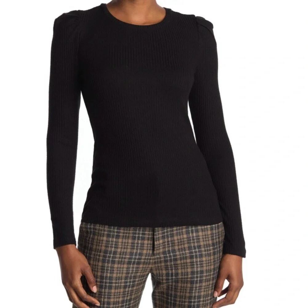 Philosophy Black Ribbed Knit Long Puff Sleeve Top Women's Size Medium